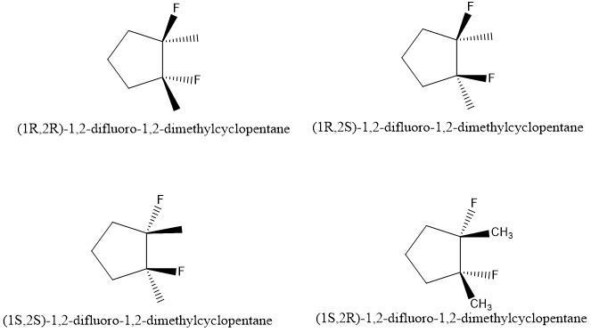 Draw every stereoisomer for 1,2-difluoro-1,2-dimethylcyclopentane. Use wedge-and-dash-example-1