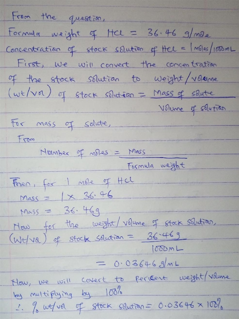 A common recipe is to make 3%(wt/vol) HCl in ethanol. HCl has a formula weight of-example-1