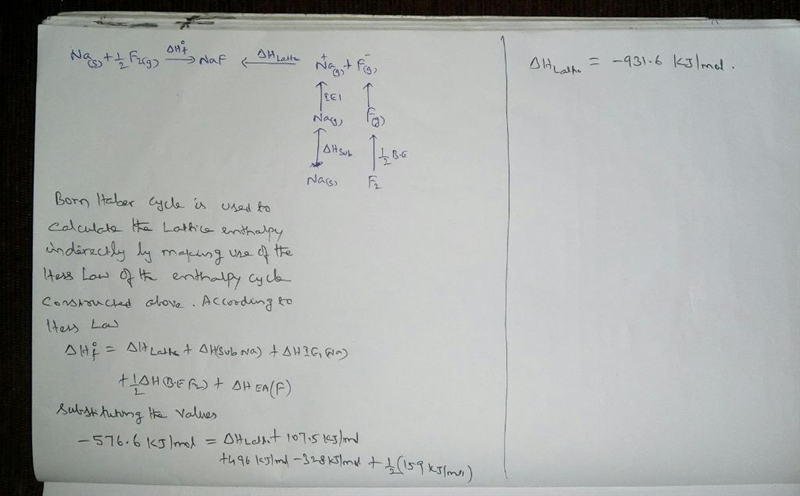 Use the Born-Haber cycle to calculate the lattice energy of NaF. (Hsub for sodium-example-1