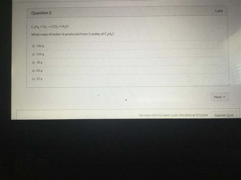 C2 H6 +02 equals CO2 + H2O what mass of water is produced from three moles of C2 H-example-1