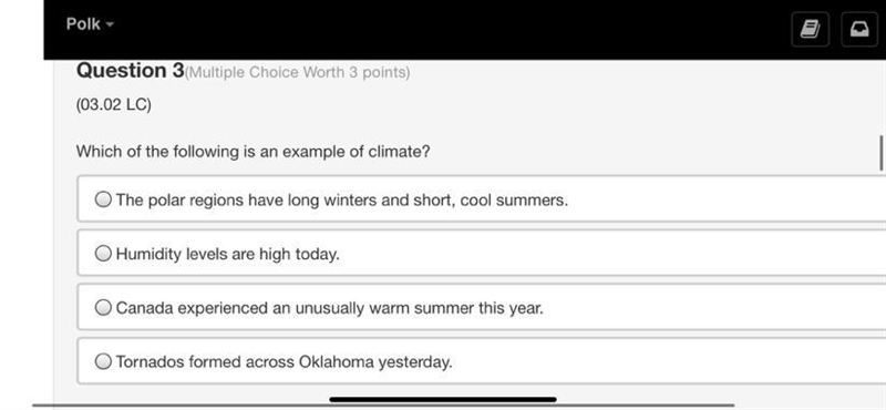 Which of the is an example of climate￼??? Help pls?-example-1