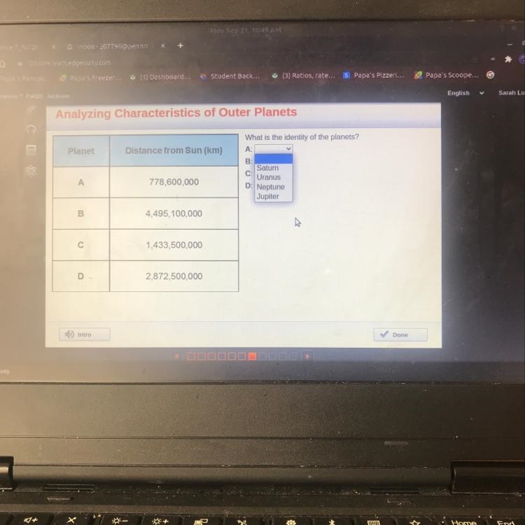 Analyzing Characteristics of Outer Planets Planet Distance from Sun (km) What is the-example-1