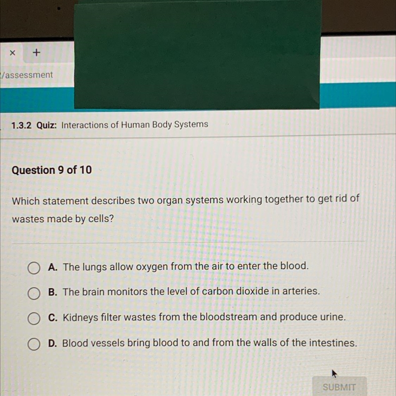 Which statement describes two organ systems working together to get rid of wastes-example-1