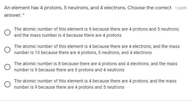 An element has 4 protons, 5 neutrons, and 4 electrons. Choose the correct answer. *-example-1