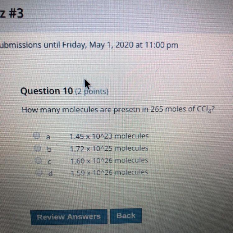 How many molecules are present in 265 moles of CCl-example-1