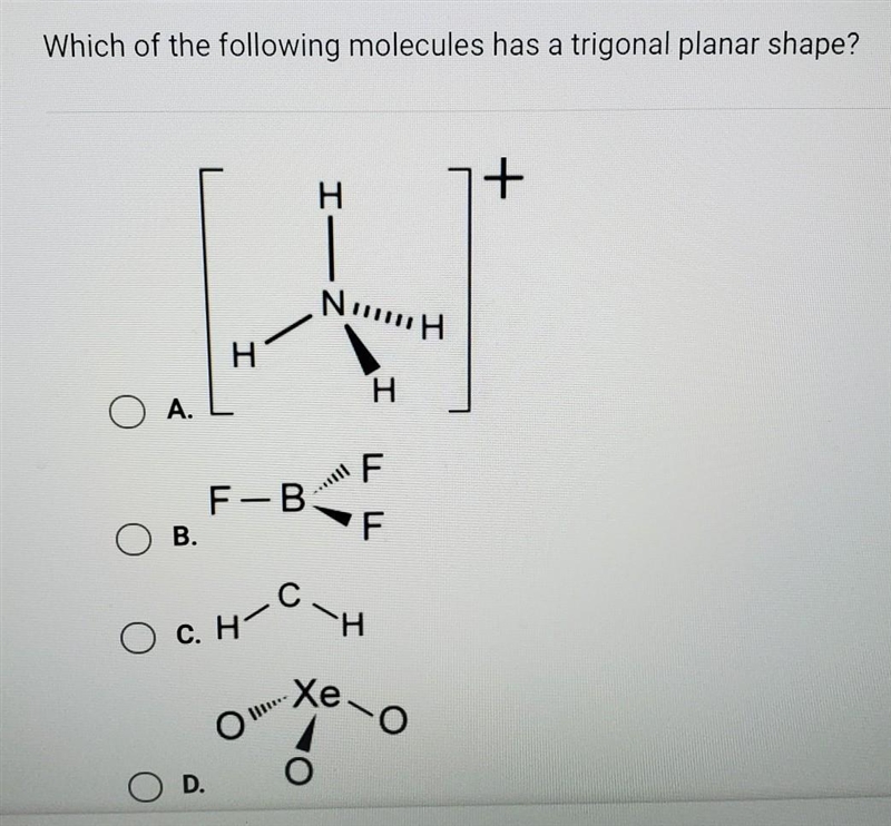 Which of the following molecules has a trigonal planar shape?​-example-1