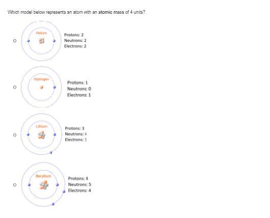 Which model below represents an atom with an atomic mass of 4 units?-example-1