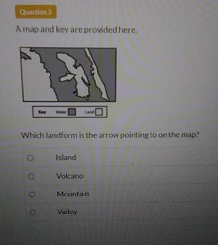 Which landform is the arrow pointing to on the map? Island, Volcano , Mountain , Valley-example-1