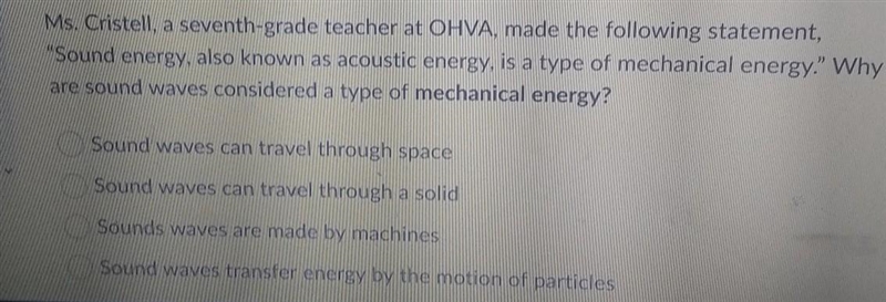 Ms. Cristell, a seventh-grade teacher at OHVA, made the following statement, &quot-example-1