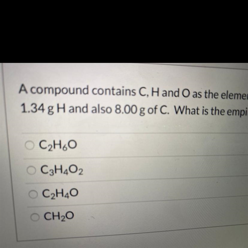 A compound contains C, H and O as the elements. A 20.0 g-sample is comprised of 1.34 g-example-1