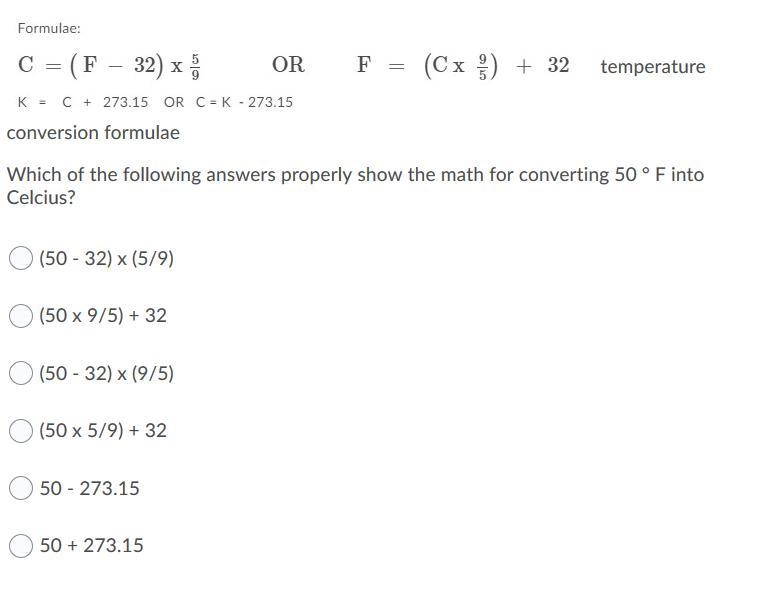 Which of the following answers properly show the math for converting 50 ° F into Celcius-example-1