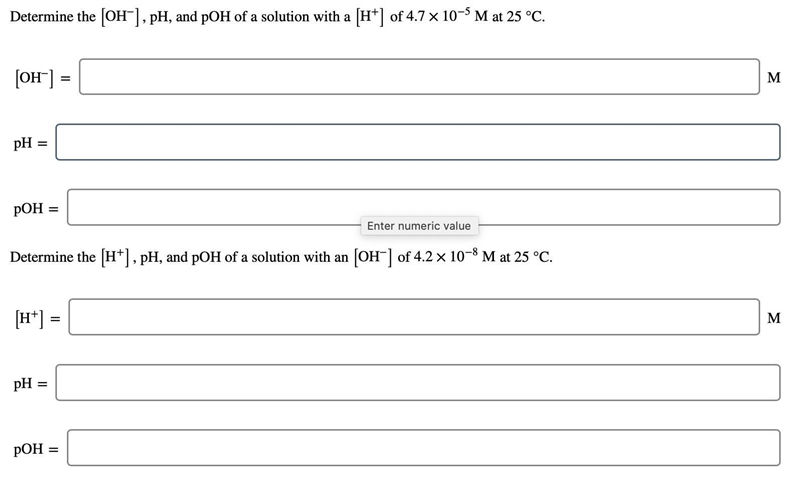 Determine the [OH−] , pH, and pOH of a solution with a [H+] of 4.7×10−5 M at 25 °C-example-1