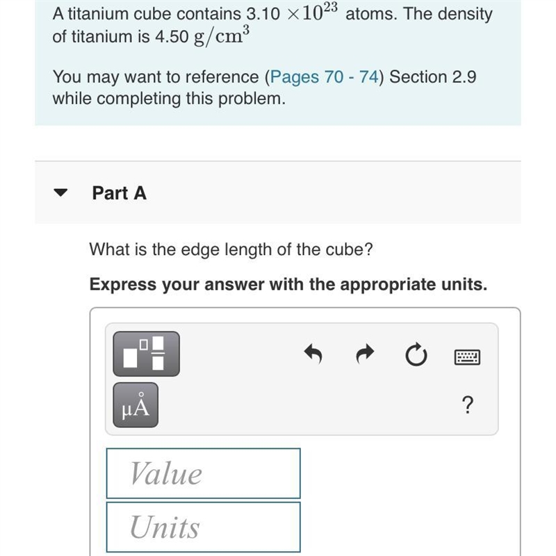 A titanium cube contains 3.10•10^23 atoms. The density of a titanium is 4.50g/cm^3. What-example-1