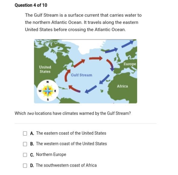 Which two locations have climate warmed by the gulf streams please help-example-1