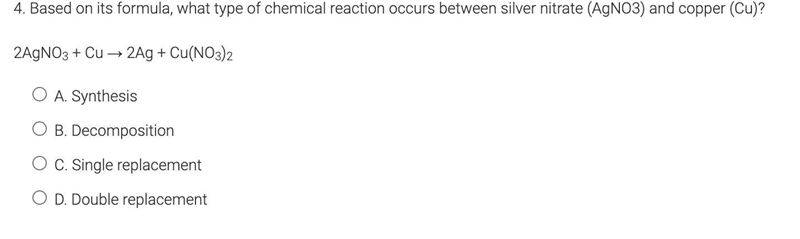 What type of chemical reaction occurs between AgNO3 (sliver nitrate) and Cu (Copper-example-1