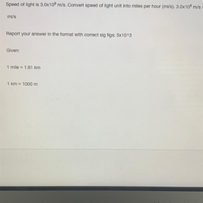 Speed of light is 3.0x108 m/s. Convert speed of light unit into miles per hour (mi-example-1
