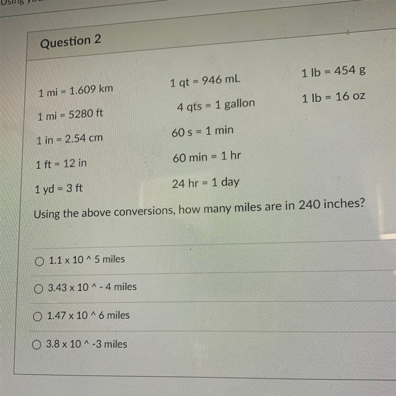 Using the above conversions, how many miles are in 240 inches?-example-1