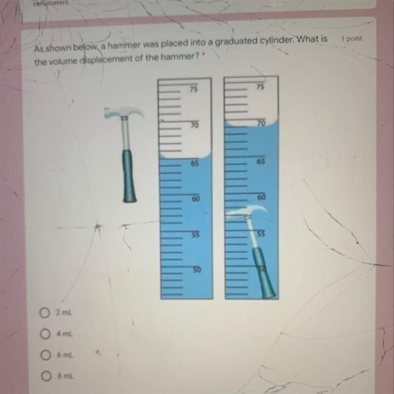 As shown below, a hammer was placed into a graduated cylinder. What is the volume-example-1