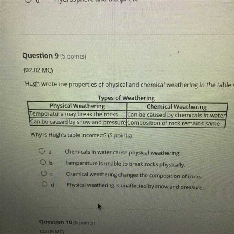 Hugh wrote the properties of physical and chemical weathering in the table shown. Types-example-1