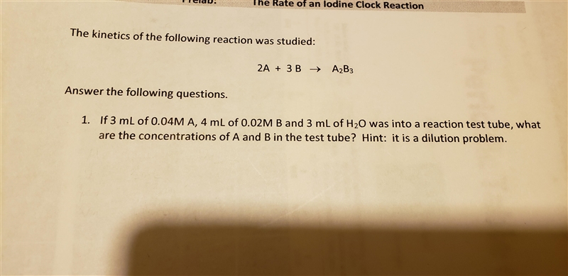 2A + 3B--> A2B3 If 3mL of 0.04M A, 4mL of 0.02M B and 3mL of H2O was into a reaction-example-1