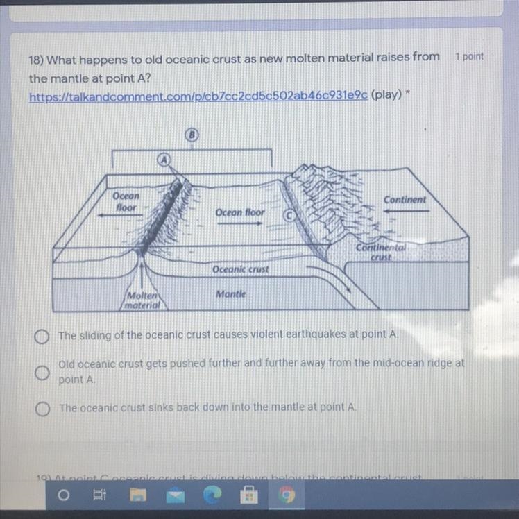 What happens to old oceanic crust ￼ as material rises from the mantle at point A￼￼?-example-1