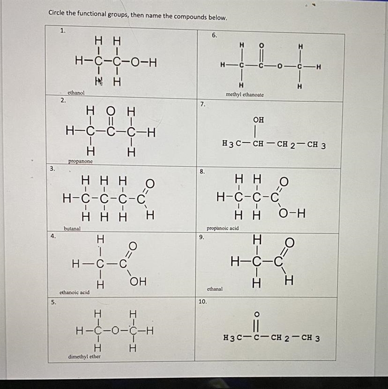 Circle the functional groups and I need help naming 7) and 10)-example-1