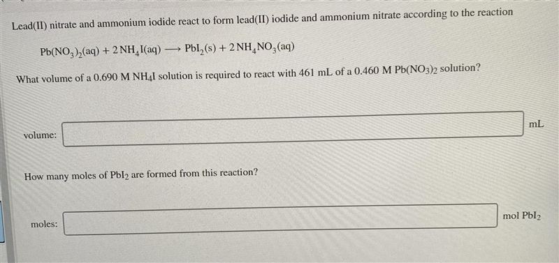 Lead(II) nitrate and ammonium iodide react to form lead(II) iodide and ammonium nitrate-example-1