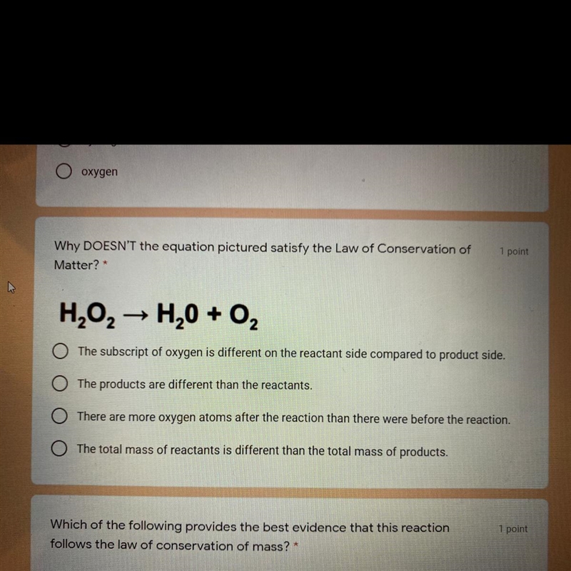 1 point Why DOESN'T the equation pictured satisfy the Law of Conservation of Matter-example-1