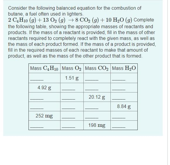 2C4H10(g)+13O2(g)→8CO2(g)+10H2O(g) Complete the following table-example-1