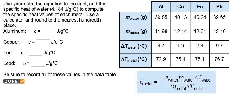 What is the specific heat values for all the metals.-example-1