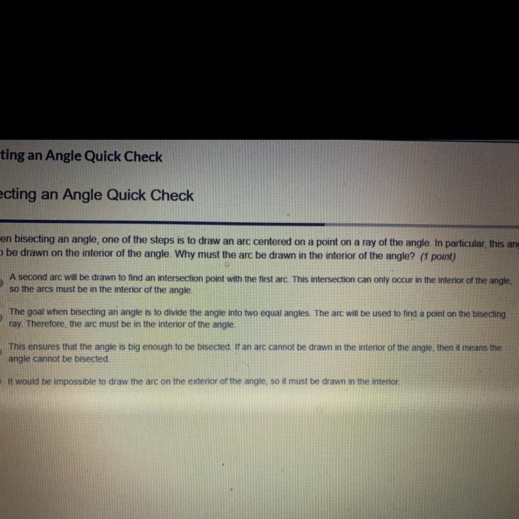 when bisecting an angle, one of the steps is to draw an arc centered on a point on-example-1