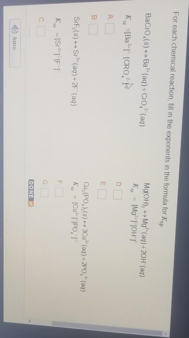 For each chemical reaction, fill in the exponents in the formula for Ks BaCro (s) + Ba-example-1