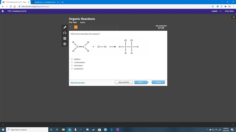 Which term describes this reaction? addition condensation elimination substitution-example-1