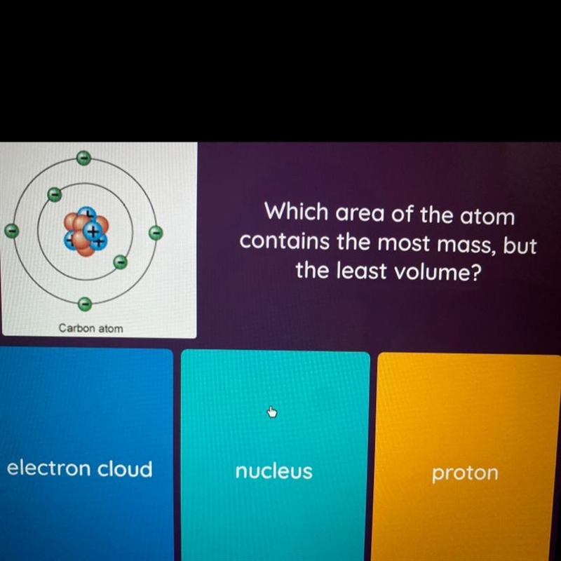 Which area of the atom contains the most mass, but the least volume?-example-1