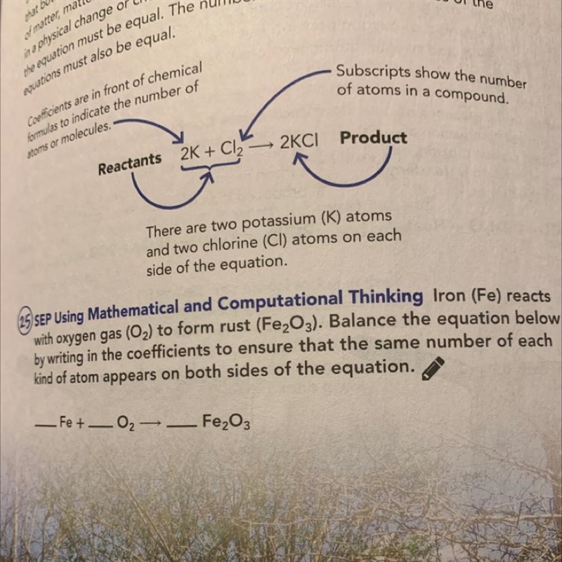 Iron (Fe) reacts with oxygen gas (O2) to form rust (Fe2O3). Balance the equation below-example-1