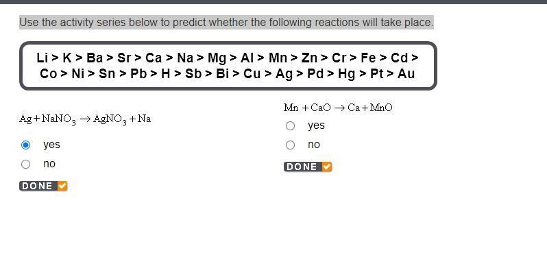 Use the activity series below to predict whether the following reactions will take-example-1