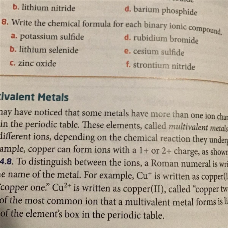 Write the chemical formula for each binary ionic compound Number 8 please A B C D-example-1