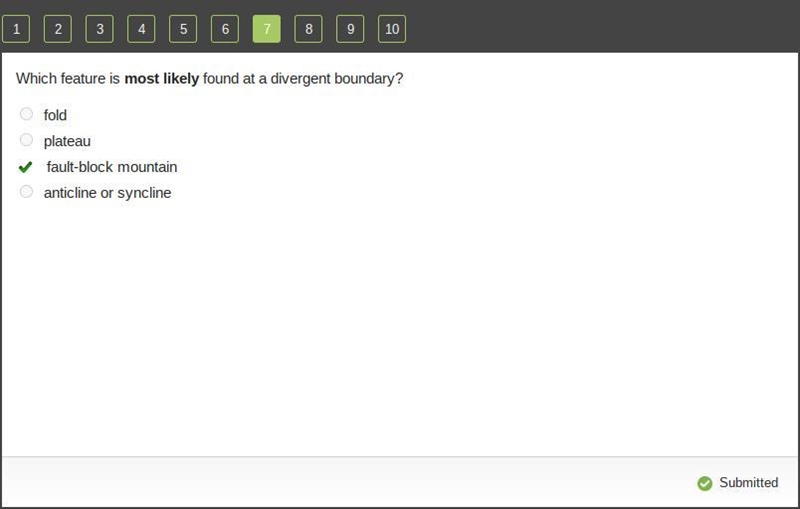 Which feature is most likely found at a divergent boundary?-example-1