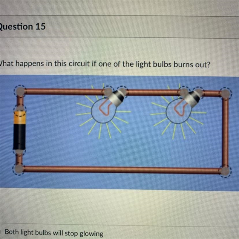 What happens in this circuit if one of the light bulb burns out? 1. Both light bulbs-example-1