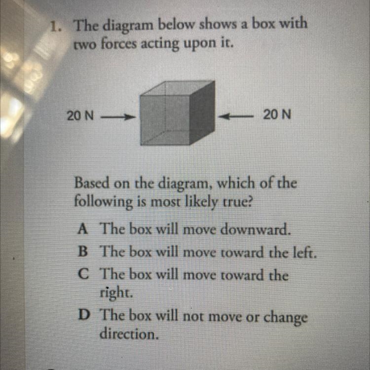 The diagram below shows a box with two forces acting upon it. 20 N 20 N Based on the-example-1