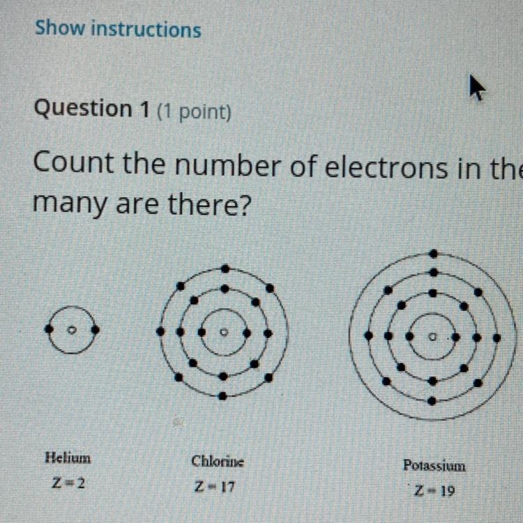 Count the number of electrons in the innermost shell for helium, chlorine and potassium-example-1