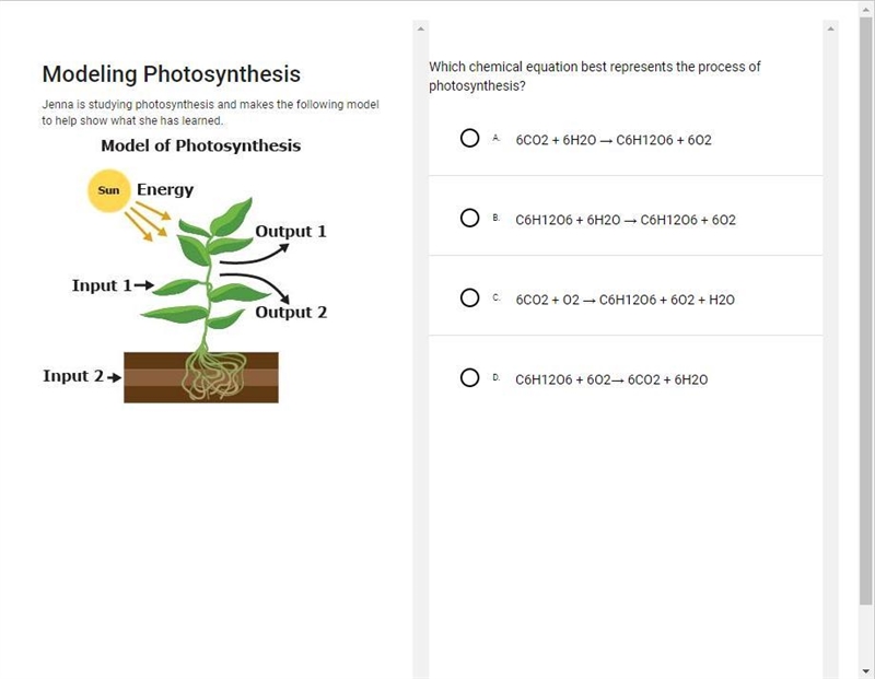 Which chemical equation best represents the process of photosynthesis?-example-1