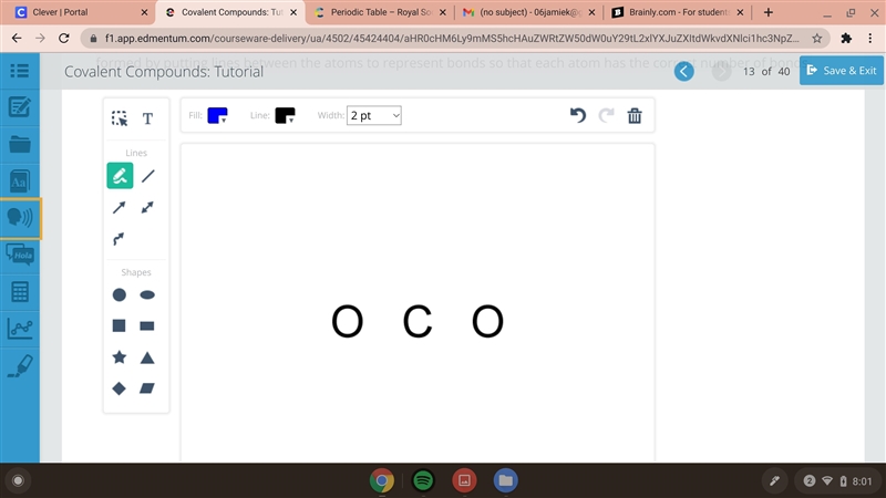 Carbon dioxide consists of a central carbon atom with an oxygen atom on each side-example-1