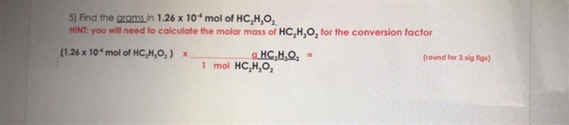 Find the grams in 1.26*10^-4 mol of HC2H3O2-example-1