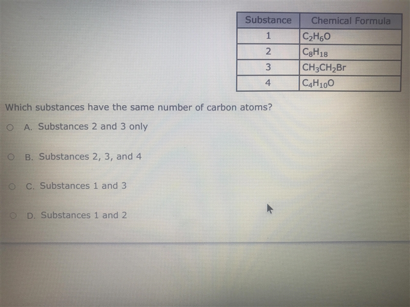 Which substances have the same number of carbon atoms ? A. Substances 2 and 3 only-example-1