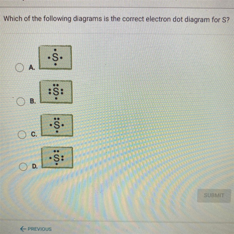 Which of the following diagrams is the correct electron dot diagram for S? -S. A. O-example-1