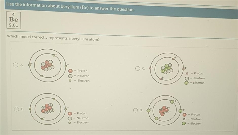 Which model correctly represents a beryllium atom​-example-1