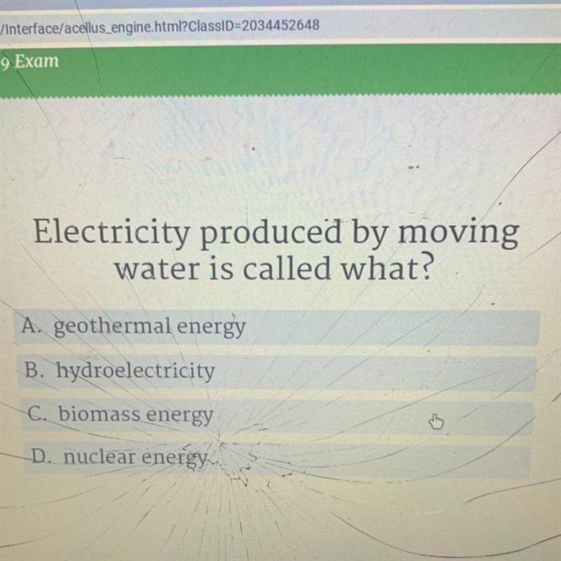 Electricity produced by moving water is called what?-example-1