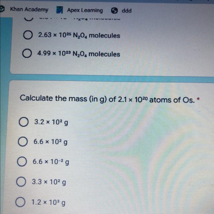 Calculate the mass (in g) of 2.1 x 1020 atoms of Os.-example-1