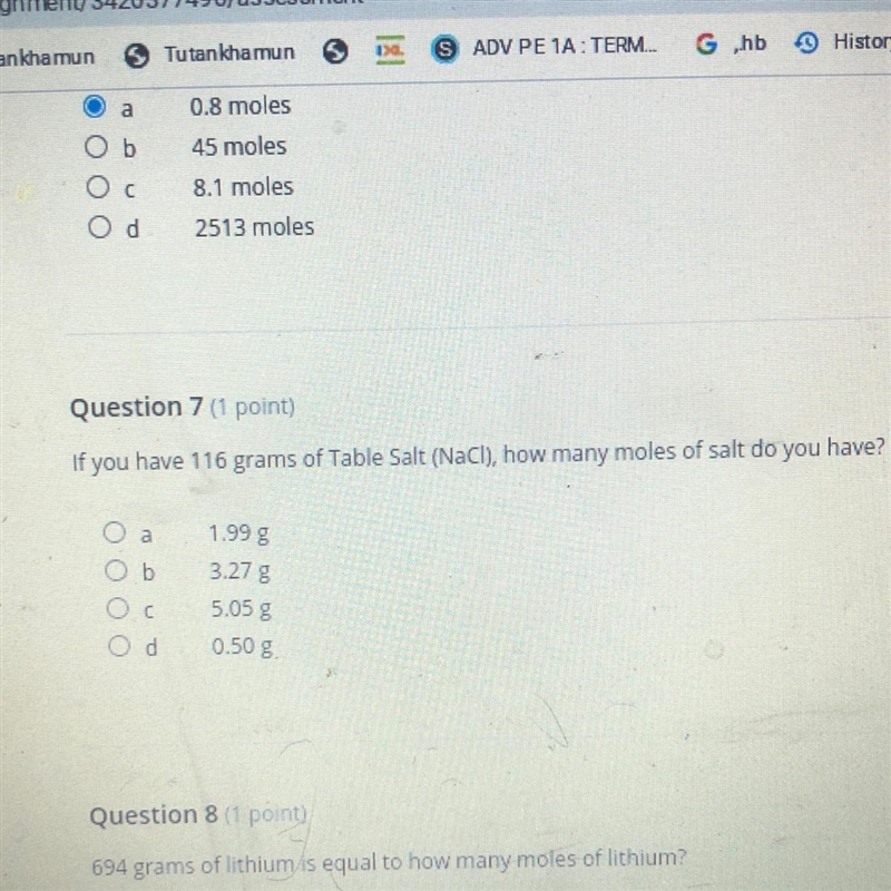 If you have 116 grams of Table Salt (NaCl), how many moles of salt do you have? a-example-1